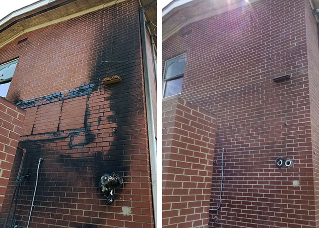 Before and after of a brick home following fire damage restoration